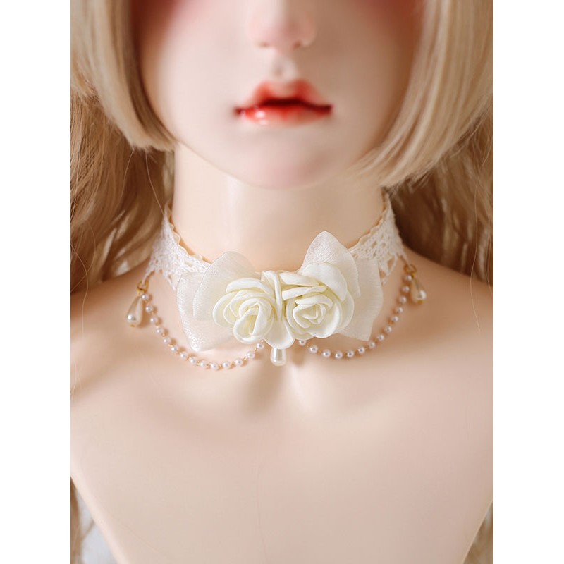 Lolita Accessories Ecru White Pearls Rose Choker Miscellaneous Necklace Sweet ROCOCO Daily Casual Tea Party