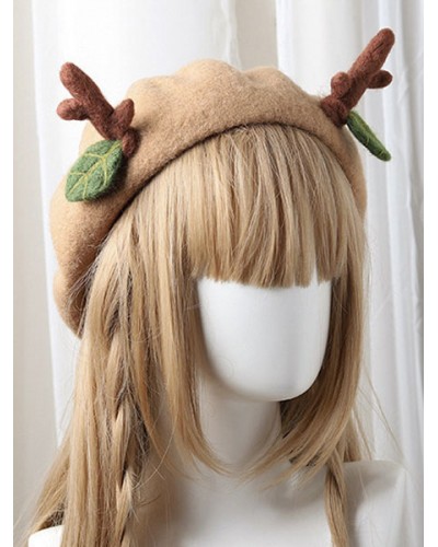 Sweet Lolita Beret Reindeer Leaf Tan Wool Lolita Hat Accessories Daily Casual Tea Party