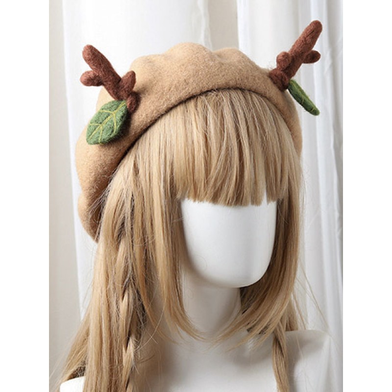 Sweet Lolita Beret Reindeer Leaf Tan Wool Lolita Hat Accessories Daily Casual Tea Party