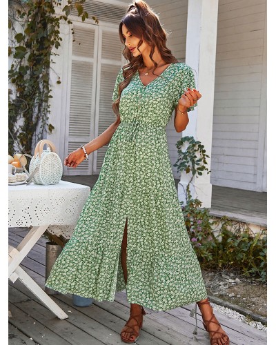 Women V-Neck Maxi Dress Short Sleeves Printed Long Dress Pastoral Style Summer