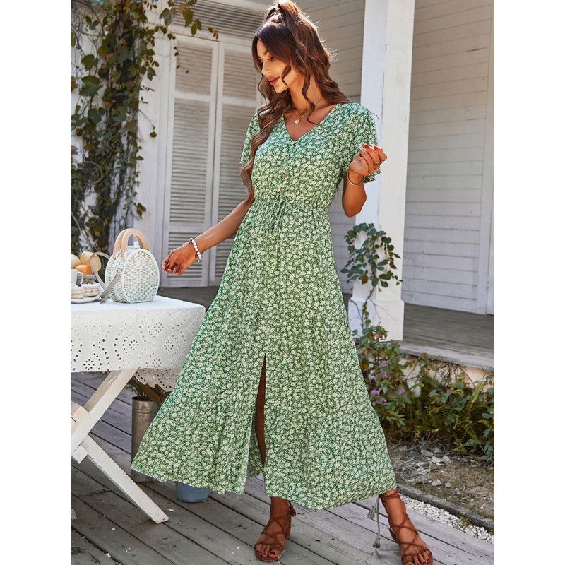 Women V-Neck Maxi Dress Short Sleeves Printed Long Dress Pastoral Style Summer