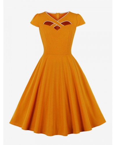 Women Retro Dress Orange Cut Out 1950s Audrey Hepburn Style Short Sleeves V-Neck Knee Length Swing Dress Bodycon Daily Casual Party