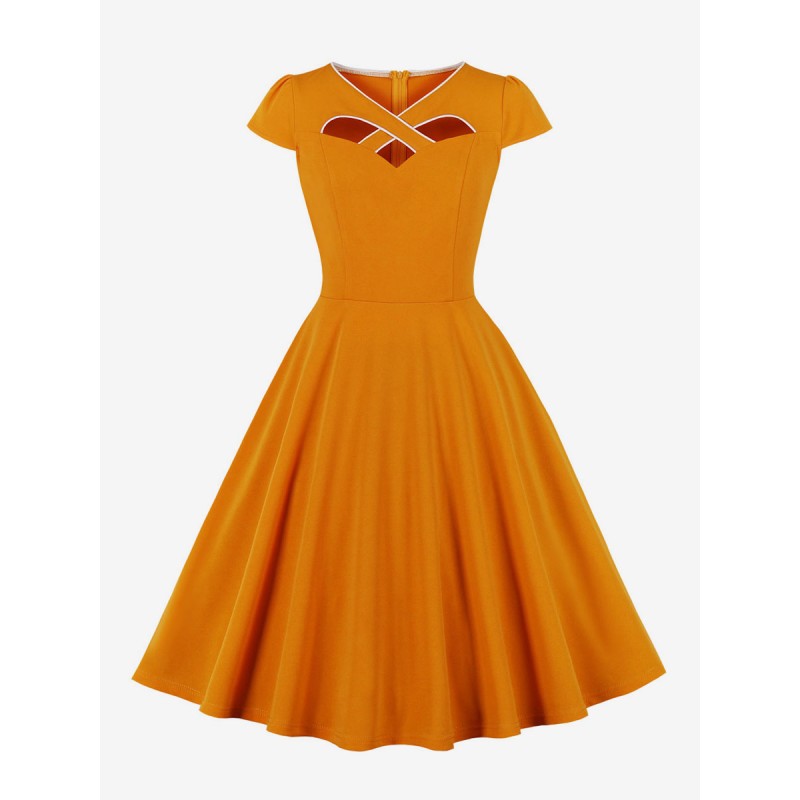 Women Retro Dress Orange Cut Out 1950s Audrey Hepburn Style Short Sleeves V-Neck Knee Length Swing Dress Bodycon Daily Casual Party