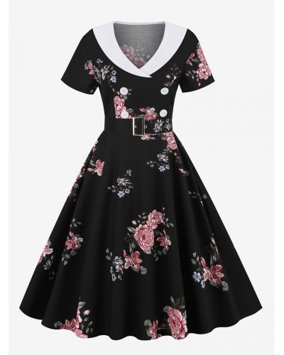 Dress 1950s Audrey Hepburn Style White Floral Print Layered Sash Short Sleeves V-Neck Swing Dress Vintage Daily Casual