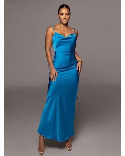 Women Party Dresses Blue Sleeveless Backless Semi Formal Dress Sexy Summer