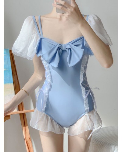 Lolita Swimsuit Light Sky Blue Bows Ruffles Short Sleeves Jumpsuit Sets Sweet Daily Casual