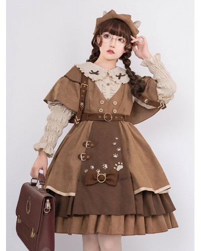 Classical Lolita JSK Dress 6-Piece Set Light Brown Lolita Jumper Skirt Outfit Steampunk Spring Fall Winter