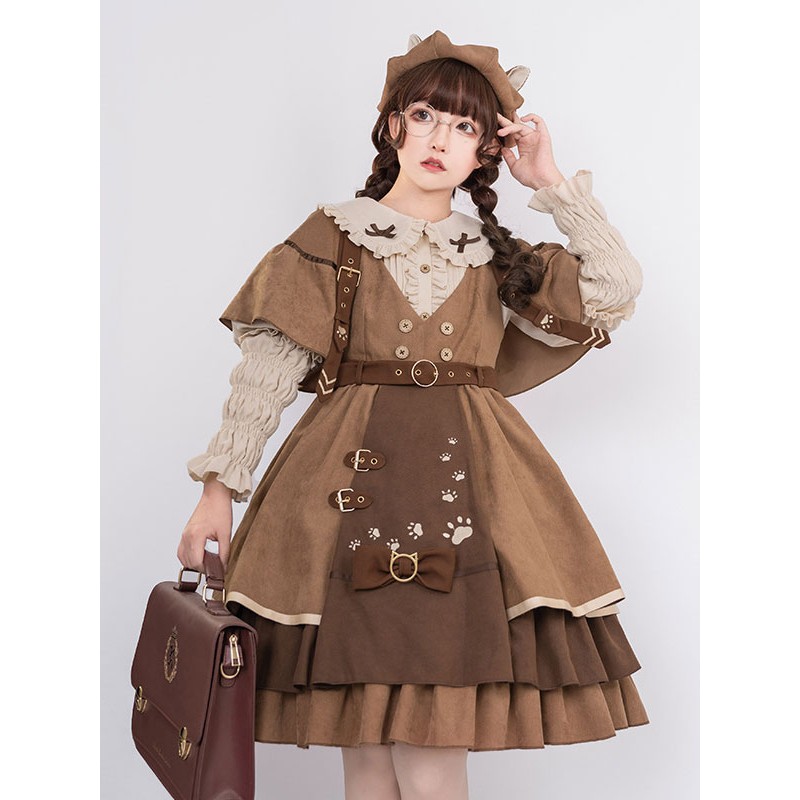 Classical Lolita JSK Dress 6-Piece Set Light Brown Lolita Jumper Skirt Outfit Steampunk Spring Fall Winter