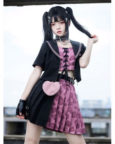 Sweet Lolita Dress Polyester Short Sleeves Lace Up Sweet Lolita Skirt Overcoat Top 3-Piece Set