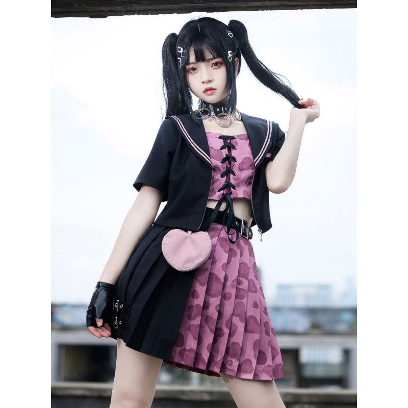 Sweet Lolita Dress Polyester Short Sleeves Lace Up Sweet Lolita Skirt Overcoat Top 3-Piece Set