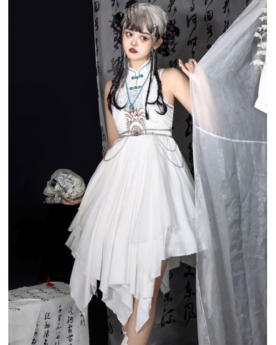 Chinese Style Lolita Dress Chains Sleeveless Polyester Chinese Style Ink Art White Chinese Style Lolita