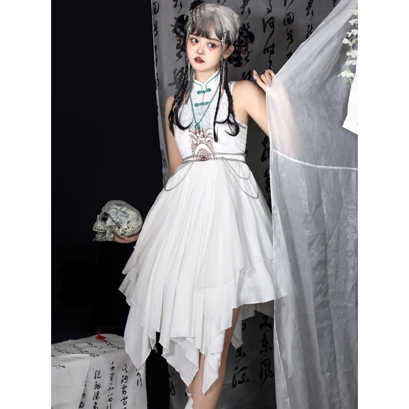 Chinese Style Lolita Dress Chains Sleeveless Polyester Chinese Style Ink Art White Chinese Style Lolita