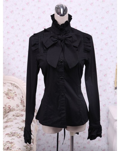 Black Cotton Lolita Blouse Long Sleeves Stand Collar Ruffles Bow