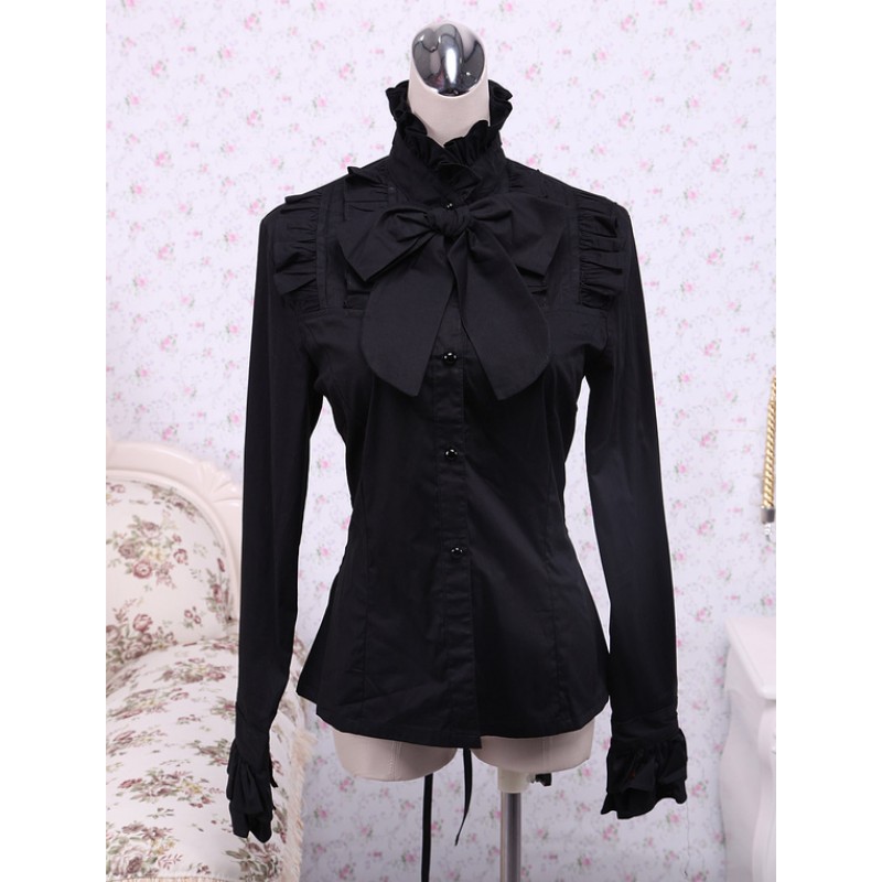 Black Cotton Lolita Blouse Long Sleeves Stand Collar Ruffles Bow