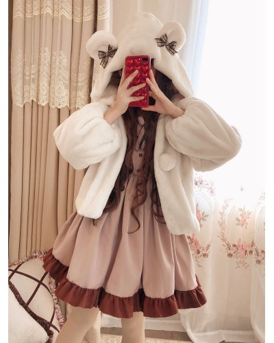 Sweet Lolita Overcoat Milk Coffee Bear Bow Hooded Faux Fur Lolita Coat Winter