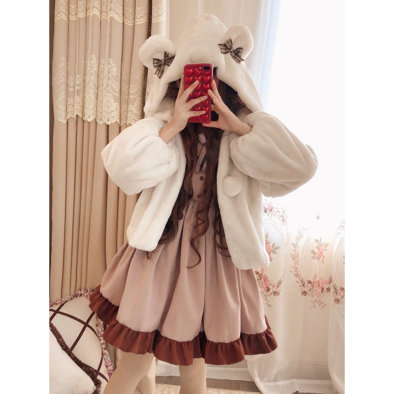 Sweet Lolita Overcoat Milk Coffee Bear Bow Hooded Faux Fur Lolita Coat Winter