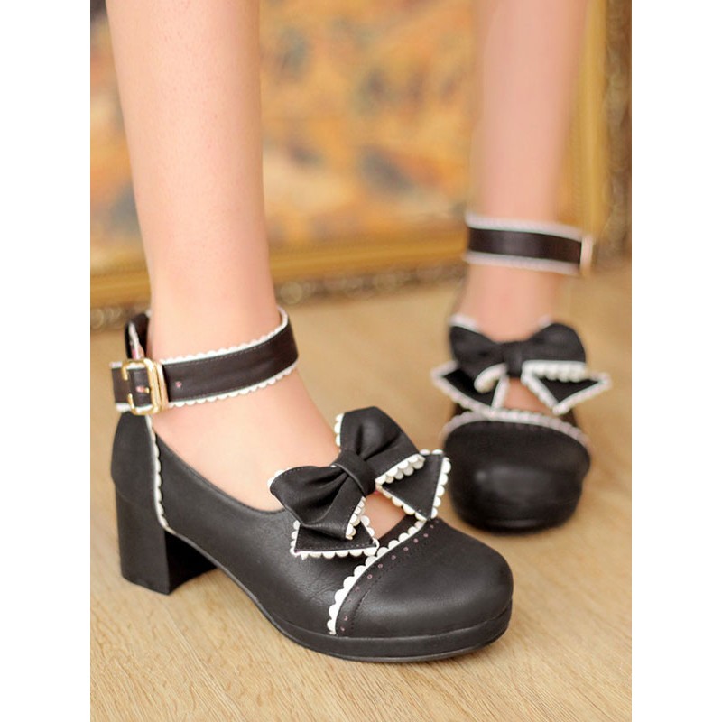 Sweet Lolita Footwear Black Bows Ruffles Grommets PU Leather Chunky Heel Lolita Shoes