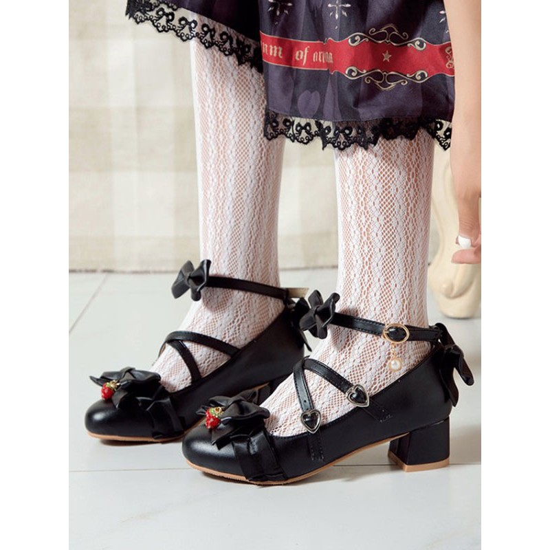 Sweet Lolita Shoes Strawberry Bows Leather Chunky Heel Lolita Pumps