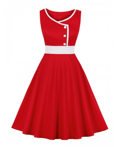 1950s Audrey Hepburn Style Dress Two-Tone Buttons Sleeveless Sweetheart Neck Red Swing Dress Vintage Daily Casual