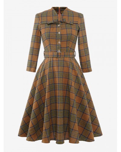 Dress 1950s Audrey Hepburn Style V-Neck Sash 3/4 Length Sleeves Woman's Medium Plaid Rockabilly Dress Vintage Retro Fall