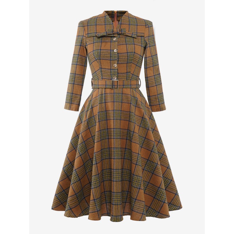 Dress 1950s Audrey Hepburn Style V-Neck Sash 3/4 Length Sleeves Woman's Medium Plaid Rockabilly Dress Vintage Retro Fall