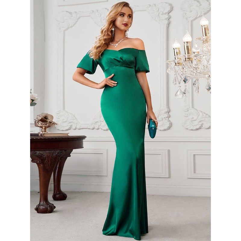 Dresses Dark Green Bateau Neck Pleated Short Sleeves Layered Semi Formal Dress Maxi Party