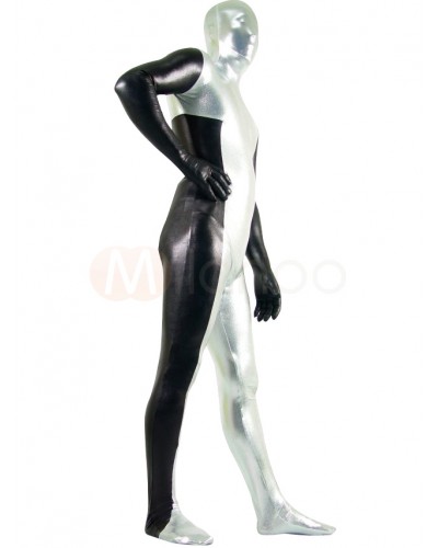 Unisex Silver  Black Shiny Metallic Zentai Suit