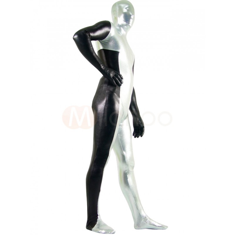 Unisex Silver  Black Shiny Metallic Zentai Suit