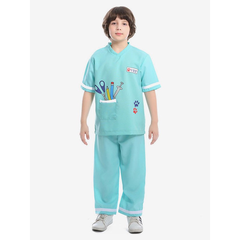 Boys Carnival Costumes Mint Green Doctor Polyester Kids Pants With Top Child Cosplay Outfits