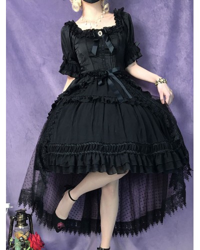 Gothic OP Dress Black Square Neck Short Sleeves Ruffles Pleated Lace Lolita One Piece Dress