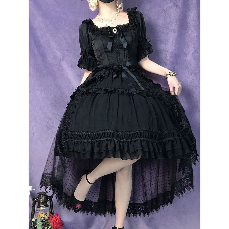 Gothic OP Dress Black Square Neck Short Sleeves Ruffles Pleated Lace Lolita One Piece Dress