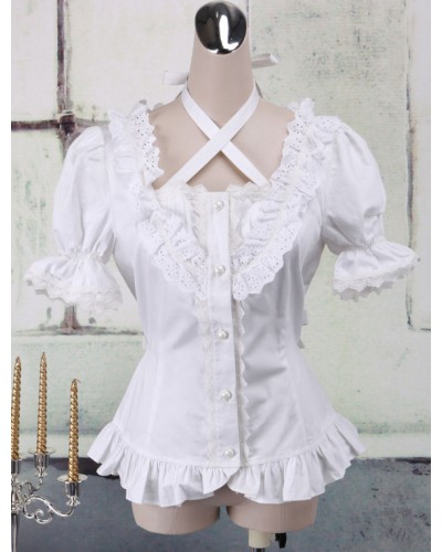 White Cotton Lolita Blouse Short Sleeves Neck Straps Lace Trim Ruffles