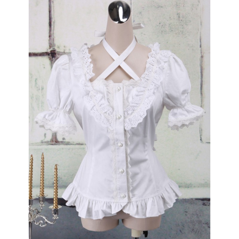 White Cotton Lolita Blouse Short Sleeves Neck Straps Lace Trim Ruffles