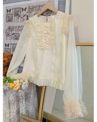 Lolita Bows Ruffles Long Sleeves Lolita Top Blouse Ecru White Lolita Shirt Blouses Sweet Daily Casual Tea Party