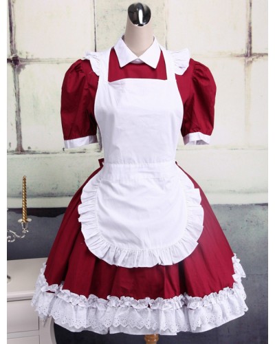 Cotton Dark Red And White Cosplay Lolita Dress With Apron