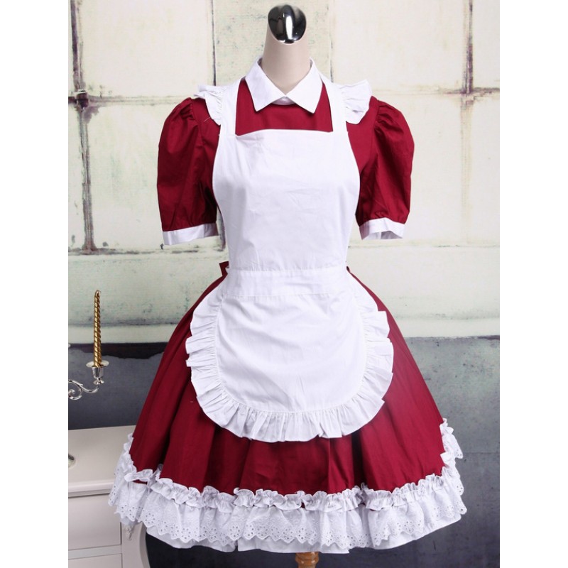 Cotton Dark Red And White Cosplay Lolita Dress With Apron