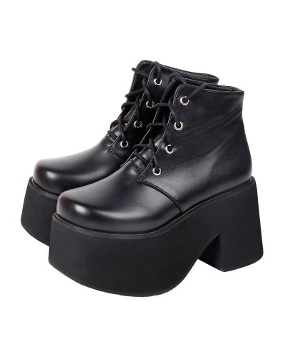 Lolita Ankle Boots Black Round Toe Wedge Heel PU Leather Lolita Footwear Shoes Steampunk