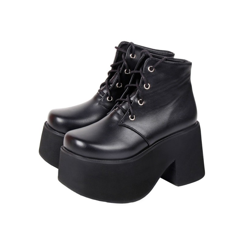 Lolita Ankle Boots Black Round Toe Wedge Heel PU Leather Lolita Footwear Shoes Steampunk