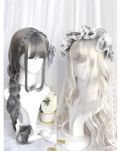 Style Lolita Wig Long Heat-resistant Fiber Gray Lolita Accessories Sweet Harajuku Fashion ROCOCO Daily Casual Tea Party