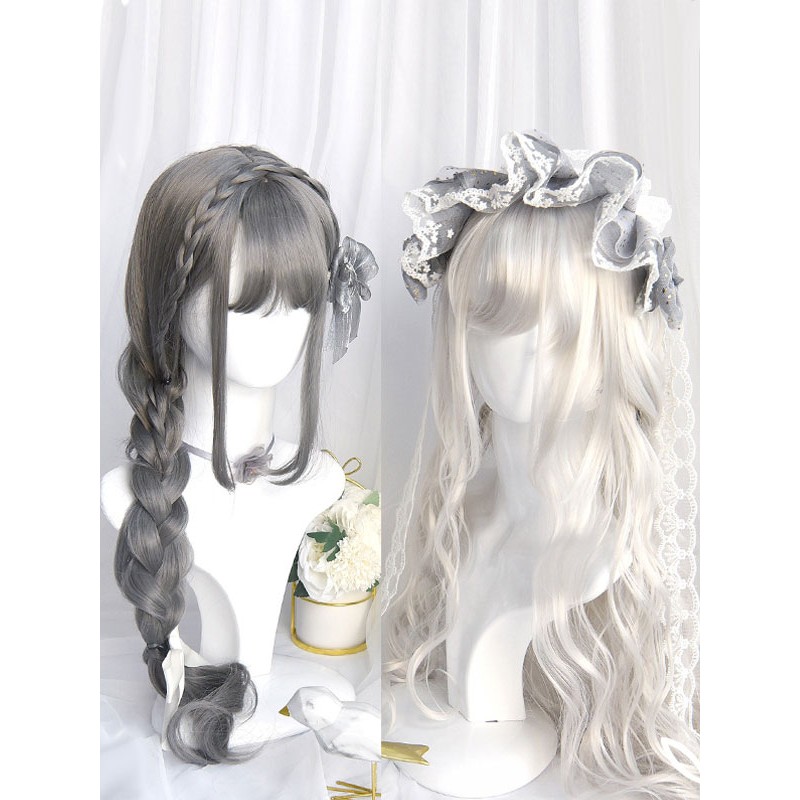 Style Lolita Wig Long Heat-resistant Fiber Gray Lolita Accessories Sweet Harajuku Fashion ROCOCO Daily Casual Tea Party