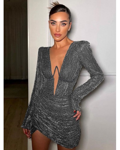 Birthday Party Dress For Women V-Neck Long Sleeves CLub Bodycon Dress Sexy