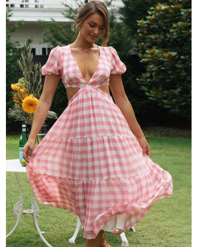 Barbie Pink Gingham Dress V-Neck Plaid Cut Out Medium Summer Dress Bodycon Street Wear Daily Casual Resort Wear