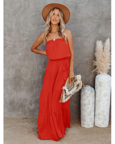 Women Maxi Dress Bateau Neck Sleeveless Floor Length Dress Tropical Summer