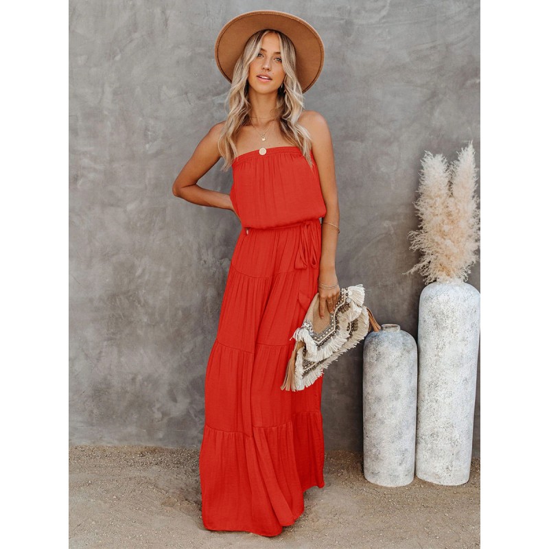 Women Maxi Dress Bateau Neck Sleeveless Floor Length Dress Tropical Summer