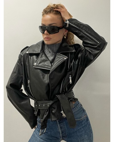 Women Jacket Turndown Collar Zipper PU Leather Outerwear Moto Spring Fall Winter