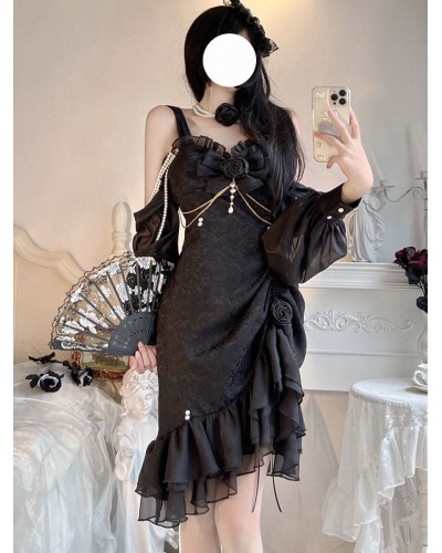 Chinese Style Lolita Dress Bows Long Sleeves Polyester Chinese Style Jacquard Black Chinese Style Lolita