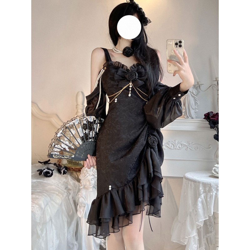 Chinese Style Lolita Dress Bows Long Sleeves Polyester Chinese Style Jacquard Black Chinese Style Lolita