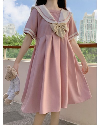 Sweet Lolita OP Dress Pink Sailor Collar Polyester Short Sleeves Bows Casual Lolita One Piece Dress