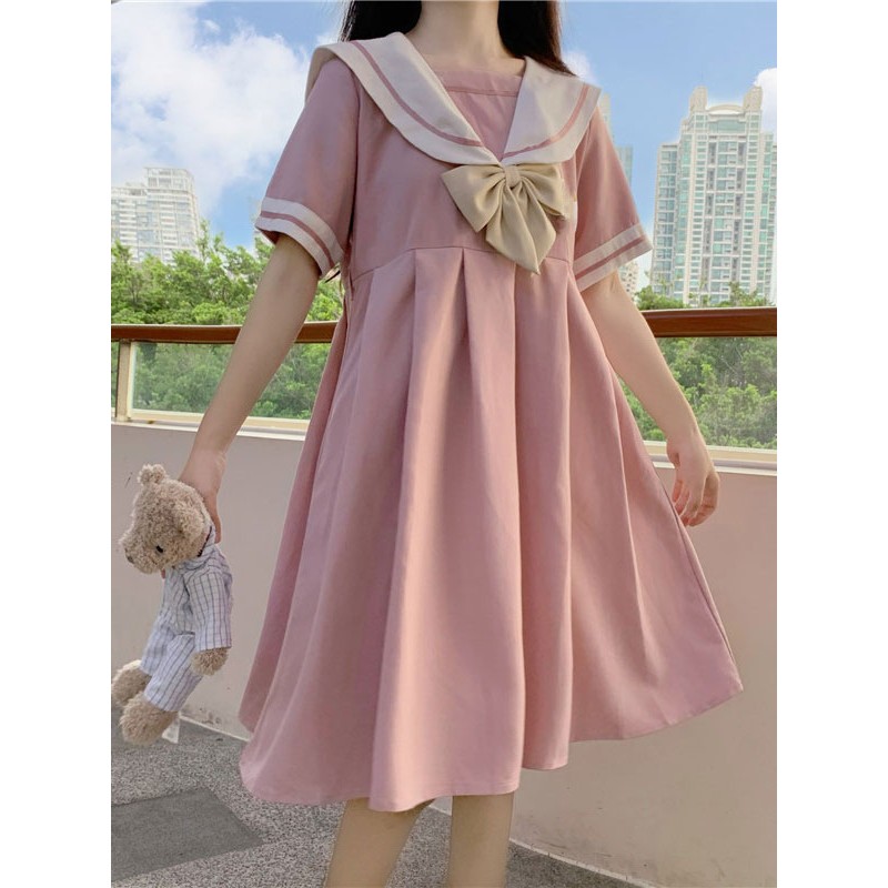 Sweet Lolita OP Dress Pink Sailor Collar Polyester Short Sleeves Bows Casual Lolita One Piece Dress