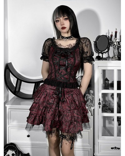 Burgundy Lolita Outfits Short Sleeves Skirt  Daily Casual